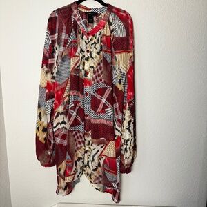 Ashley Stewart Red Gold White Black Woven Sheer Button Down Blouse in 34 / 36